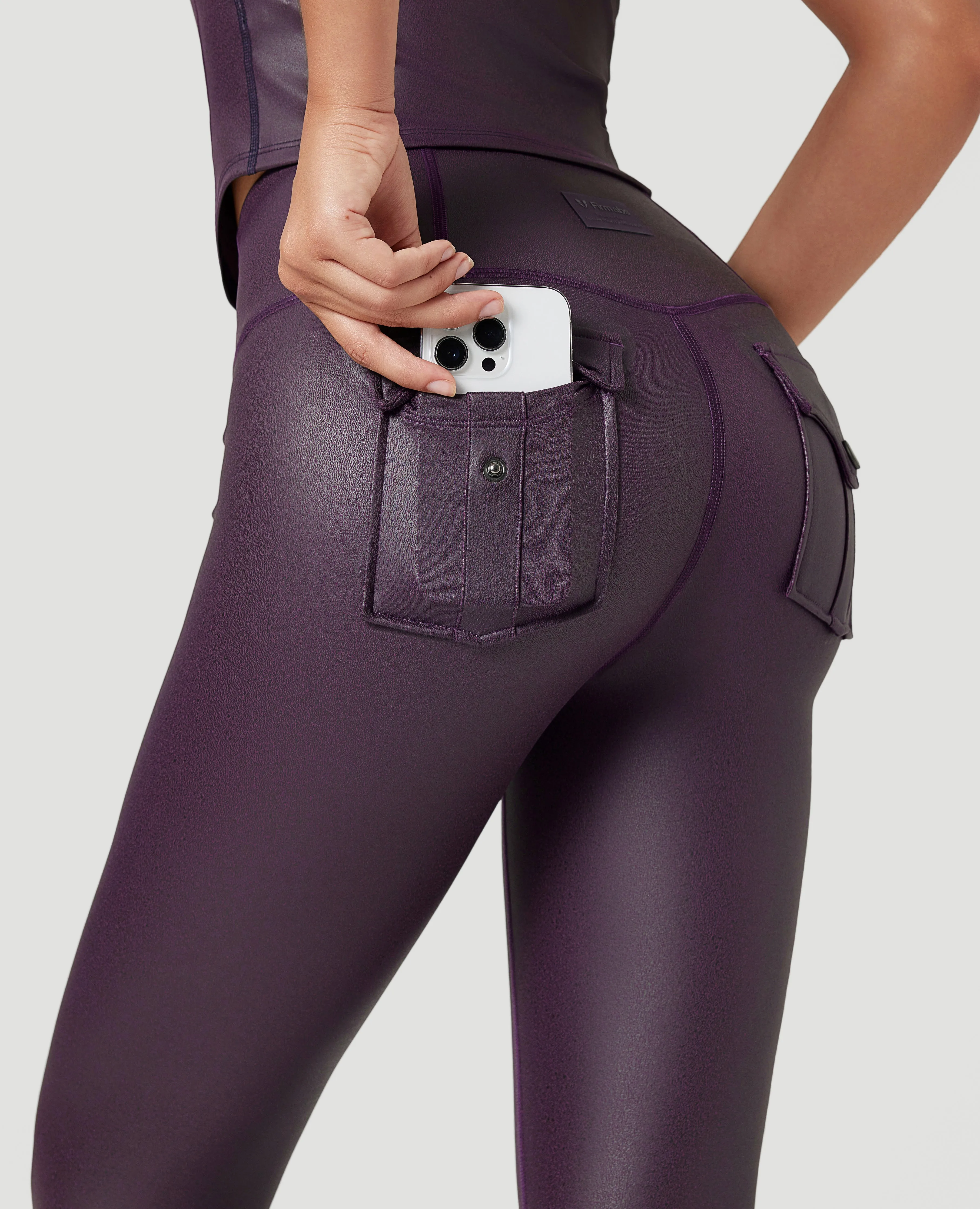 Breathable & Sculpting Faux Leather Pocket Leggings - Purple Breathable Weave