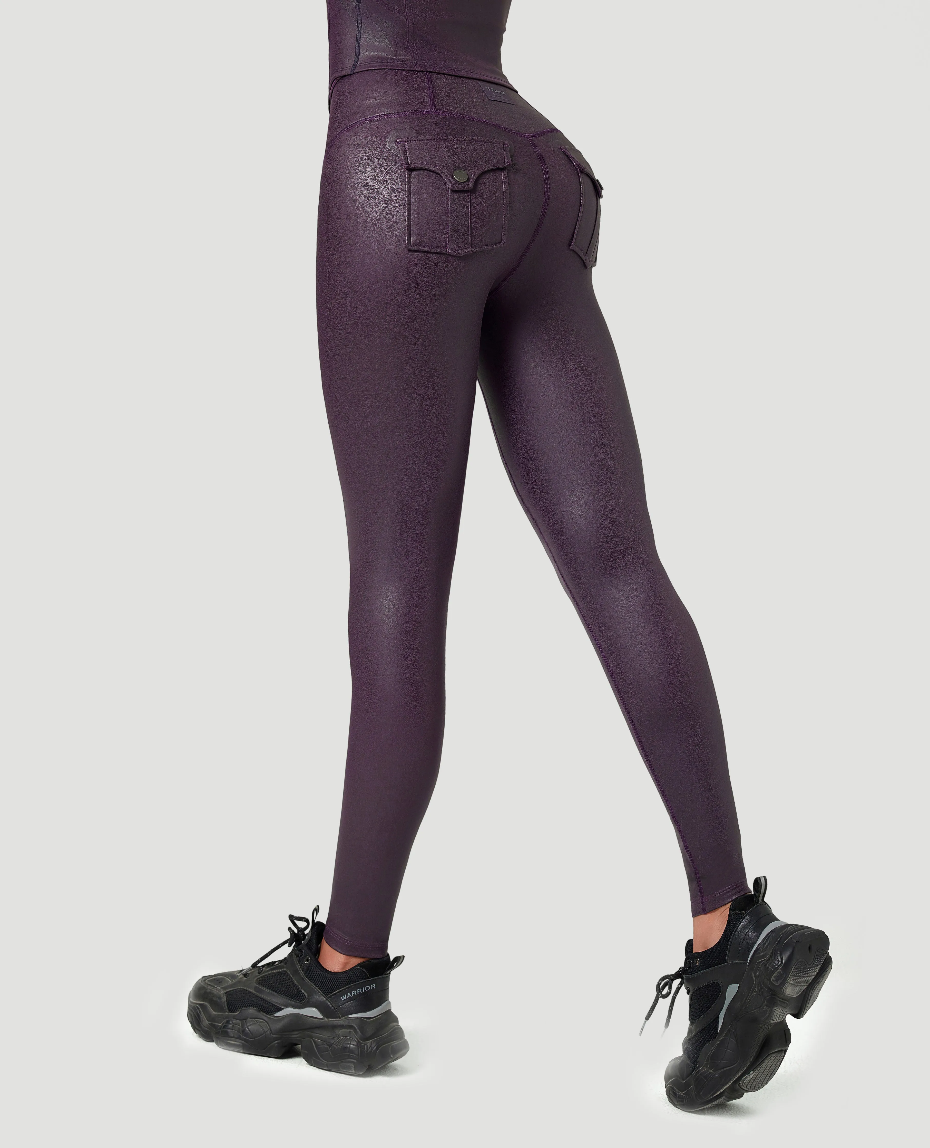 Light Weight Laser Cut Edges Breathable & Sculpting Faux Leather Pocket Leggings - Purple