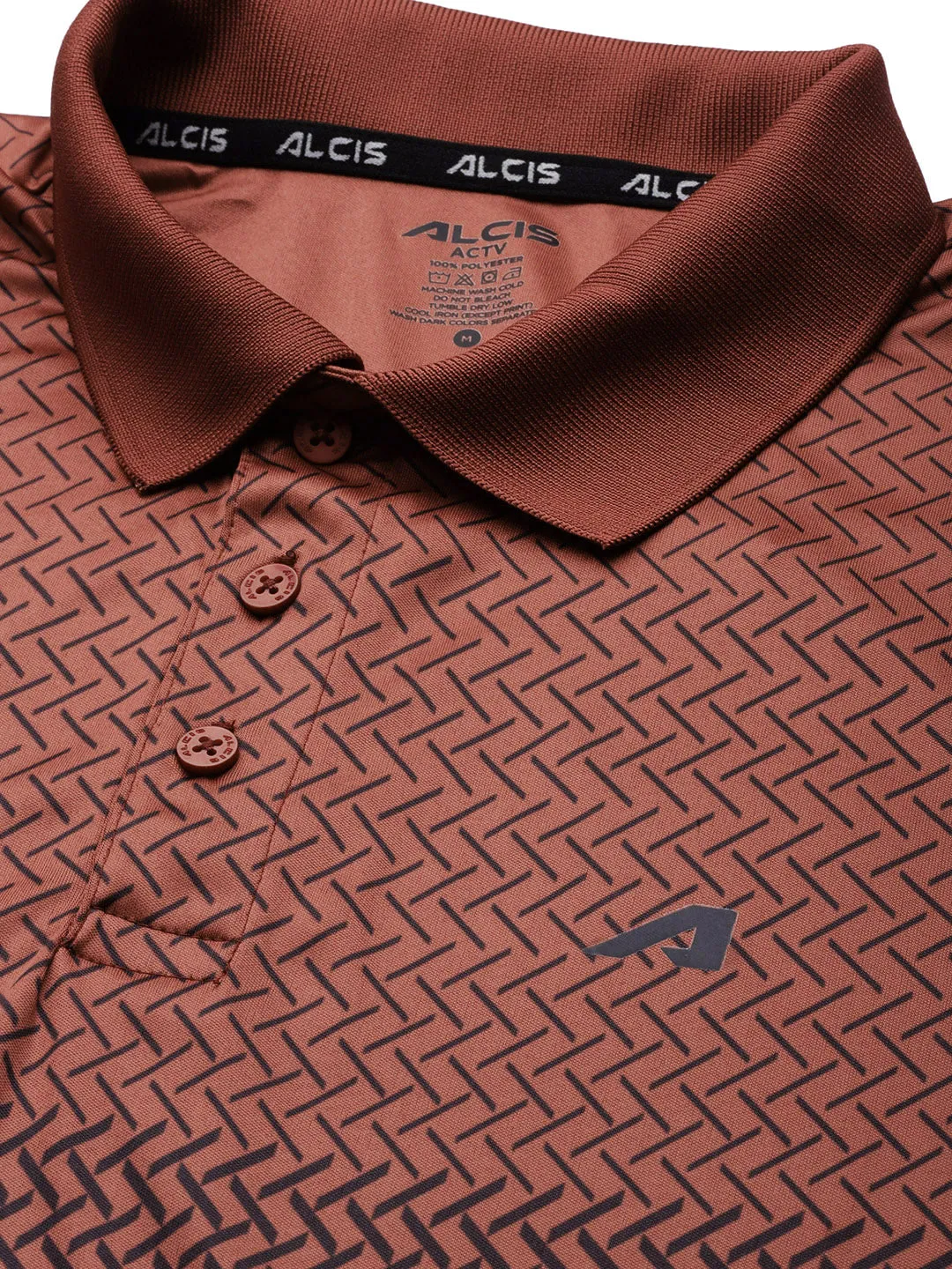 Alcis Men Brown Black Printed Polo Collar Slim Fit Running T-shirt EcoFriendly Material