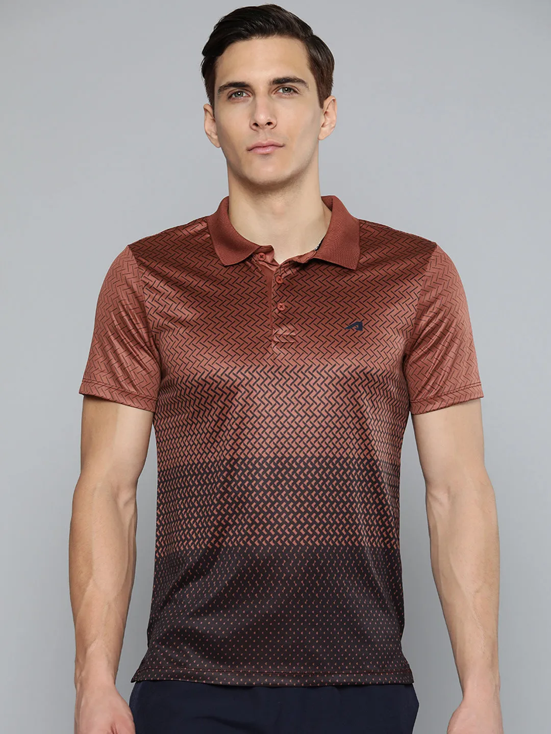 Alcis Men Brown Black Printed Polo Collar Slim Fit Running T-shirt Classic Comfort