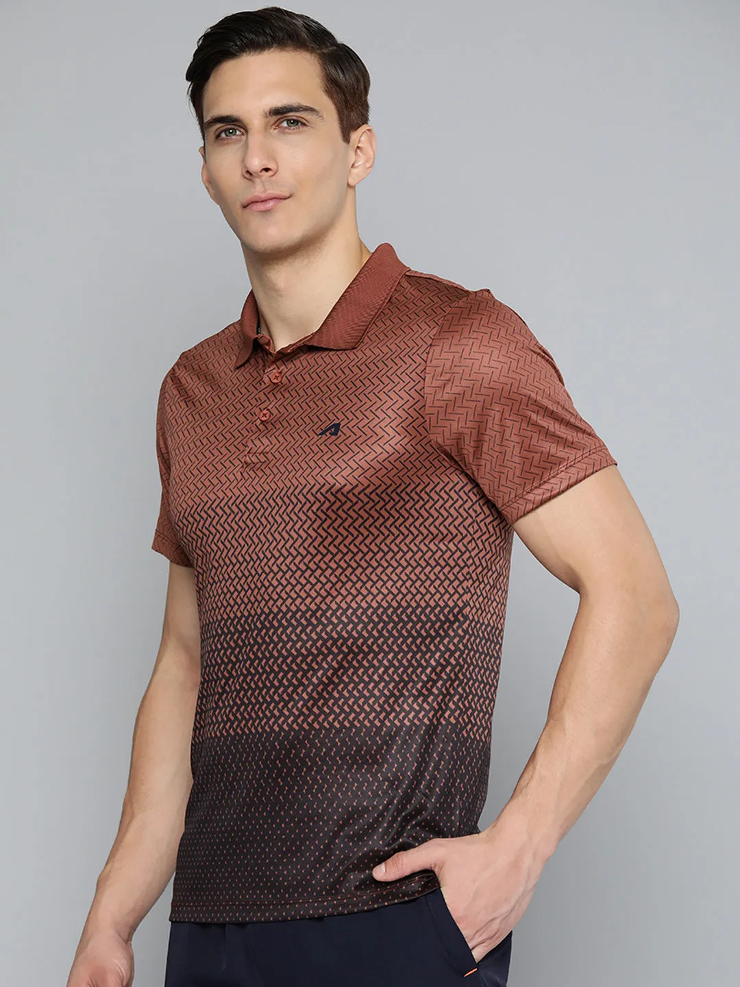 Alcis Men Brown Black Printed Polo Collar Slim Fit Running T-shirt TearResistant Fiber Summer Party