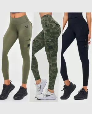 High Rise Cargo Fitness Leggings 3PCS Black   Olive   Camo