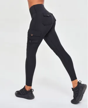 Postpartum Fit Ultra Light For Teens Compression Support Cargo High Waisted Pocket Leggings - Black