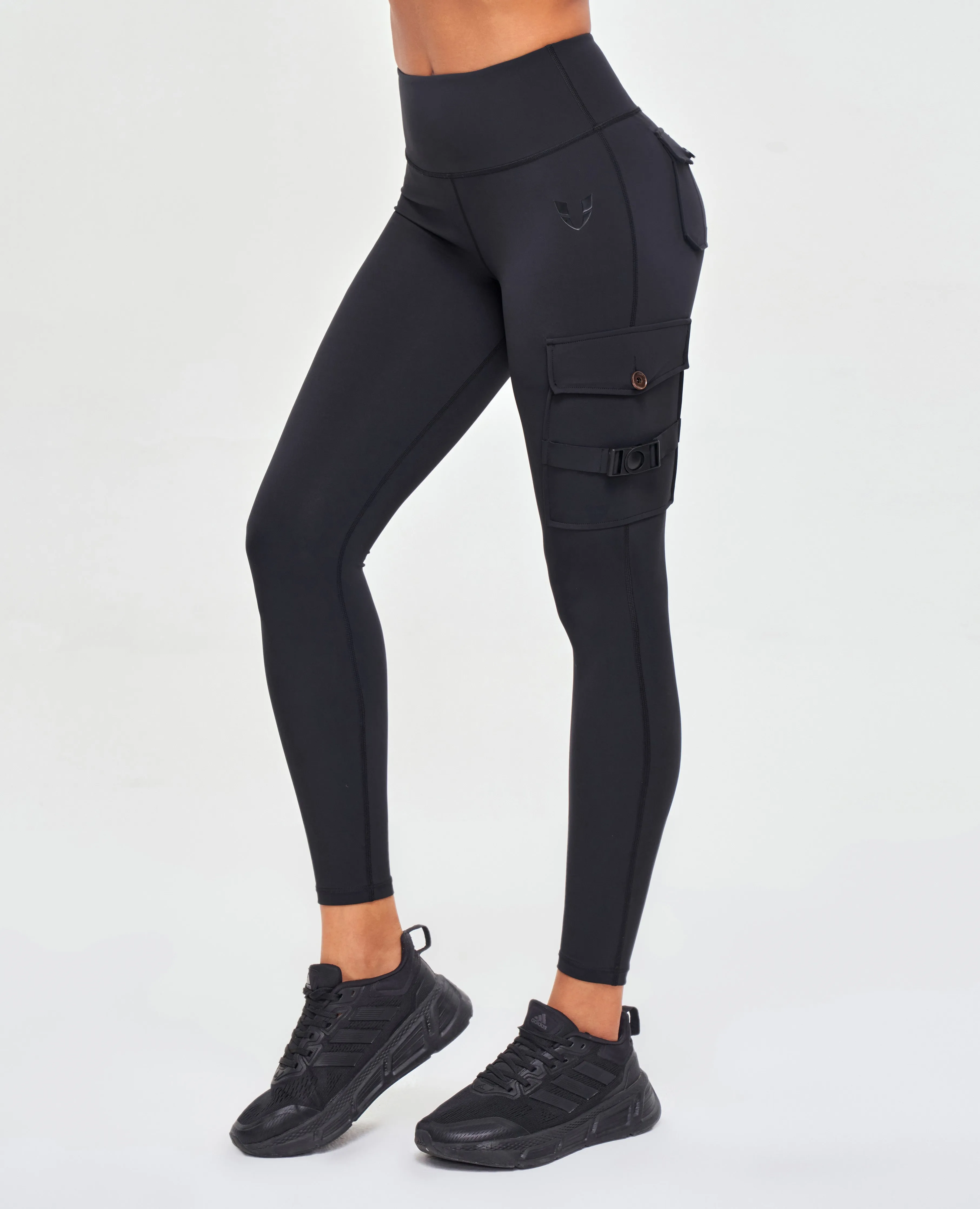 Cargo High Waisted Pocket Leggings - Black Layered Paneling Winter Sports Rib Knit