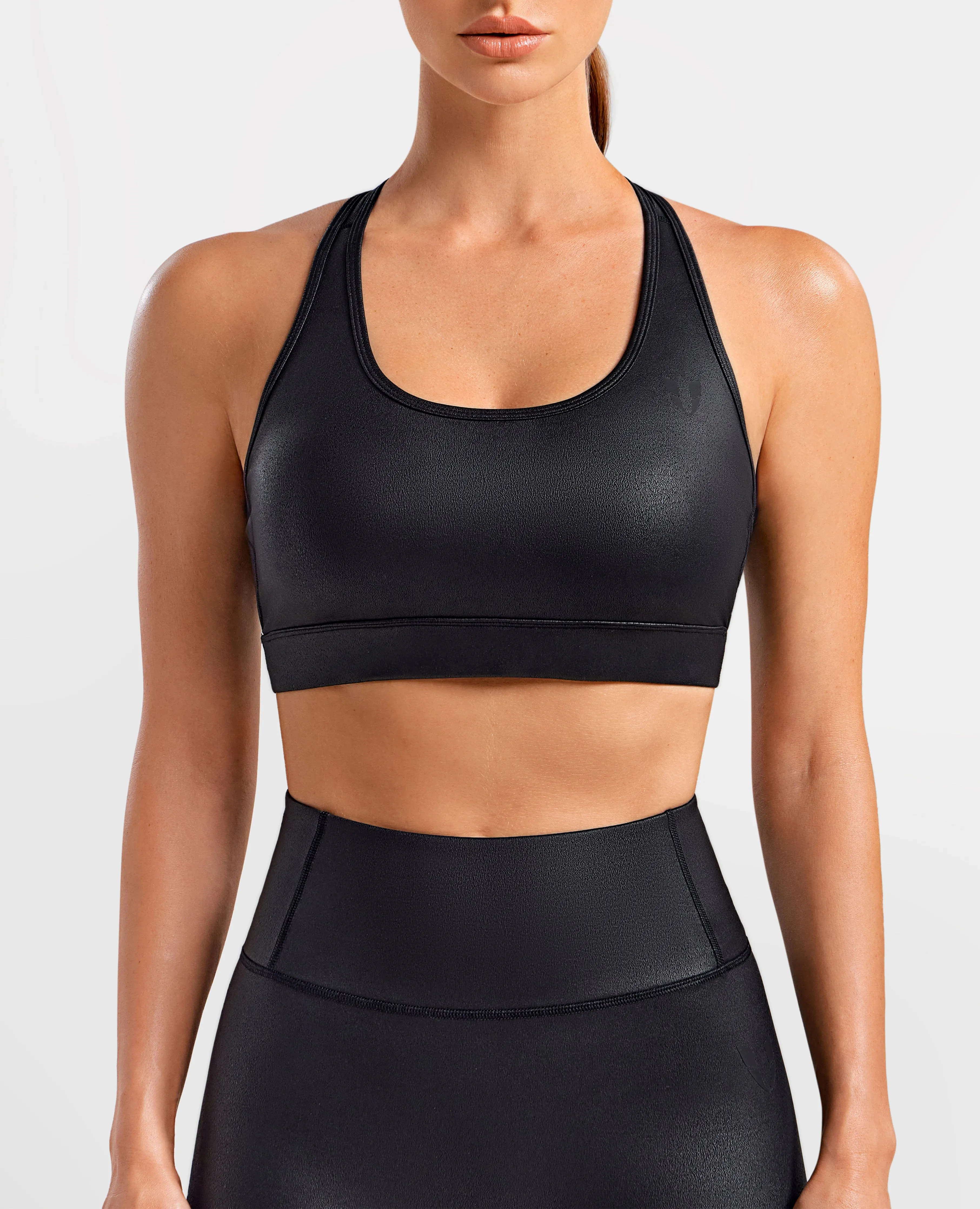 Secure Hold Faux Leather Active Bra - Black