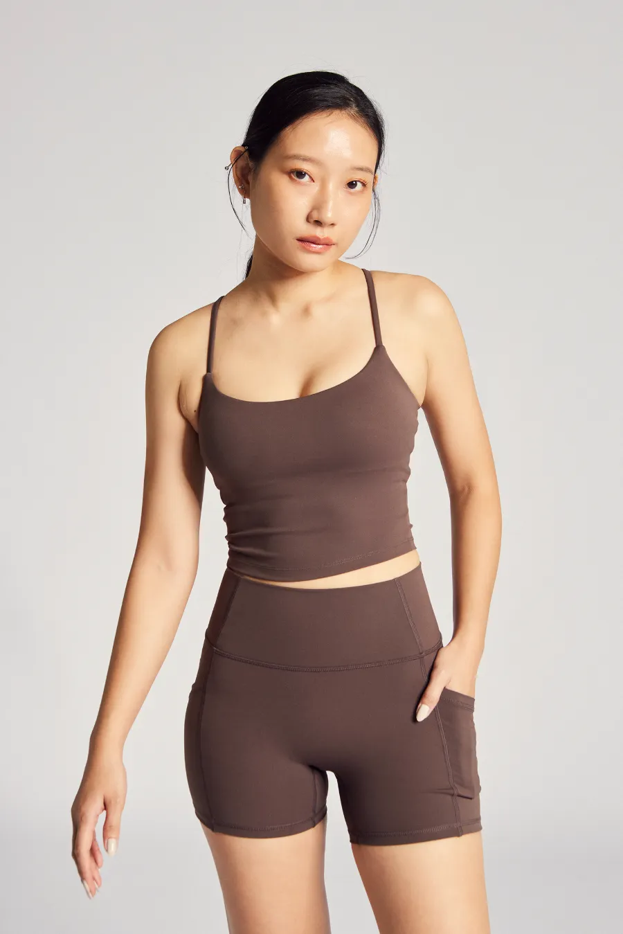 Secure Material Enhanced Core Stability Wispy Longline Bra in Espresso