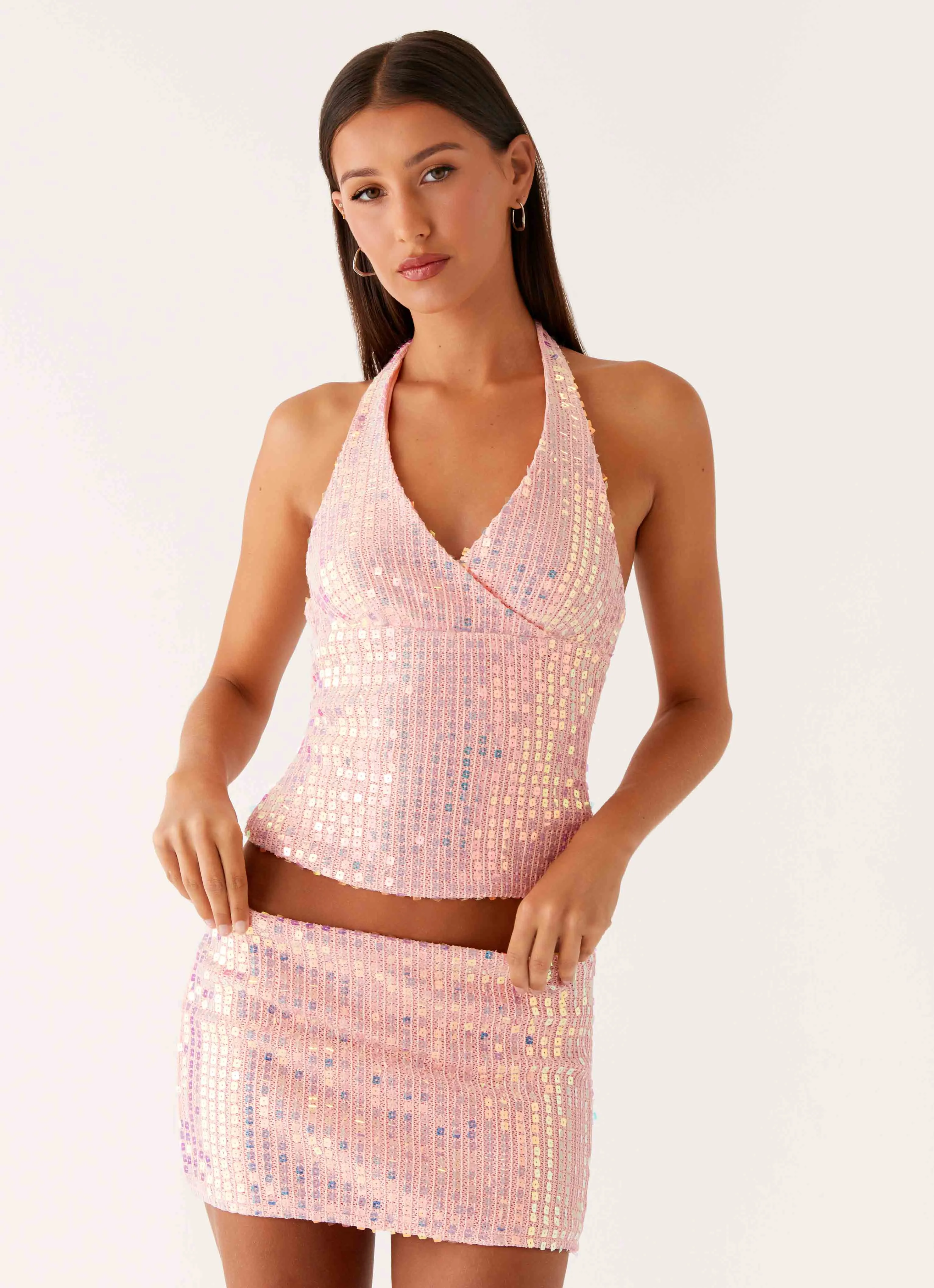 Trendy wrap gown Quilted-Texture Been That Girl Knit Sequin Mini Skirt - Iridescent Pink
