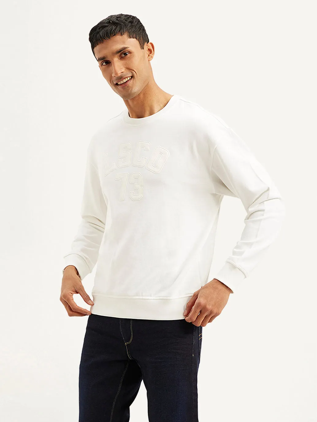 Knit texture Men's Typography White Crew Neck Sweatshirt