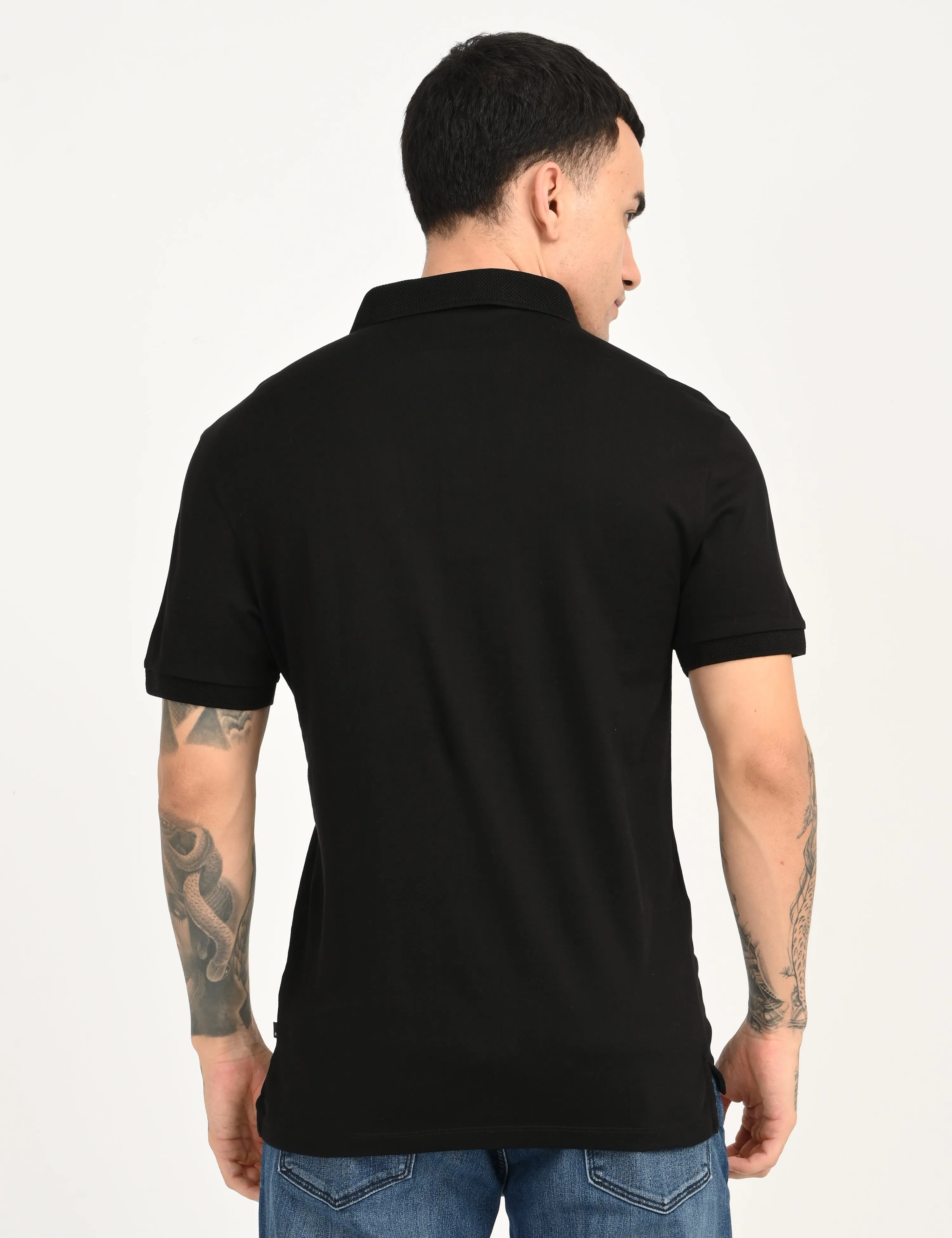 Men's Redloop Solid Black Slim Fit Polo T-shirt Durable Ribbed Cuffs