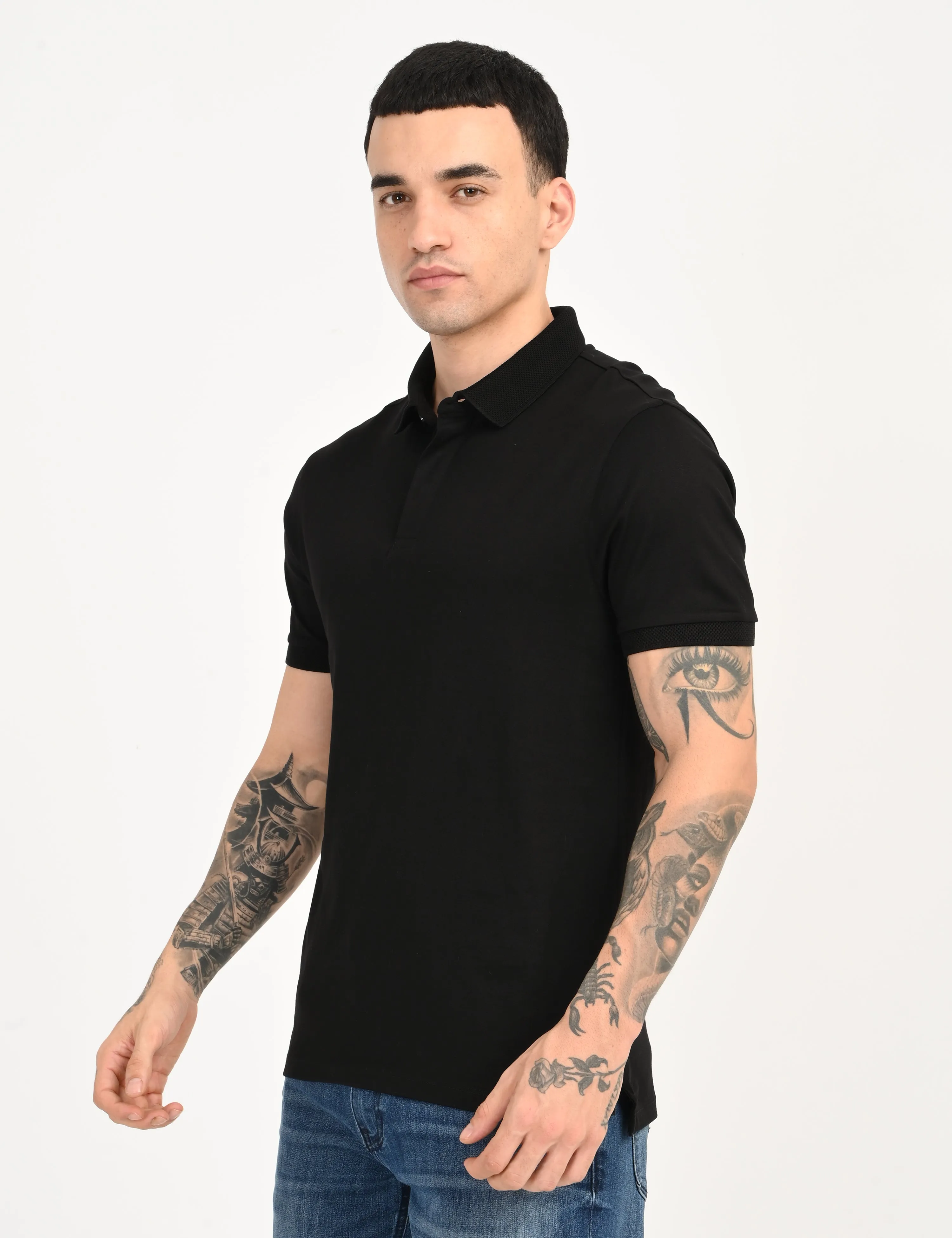 Men's Redloop Solid Black Slim Fit Polo T-shirt Polo Collar Holiday Outfit