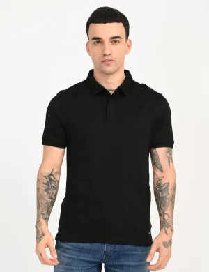 Men's Redloop Solid Black Slim Fit Polo T-shirt MoistureWicking Fabric Tagless Design