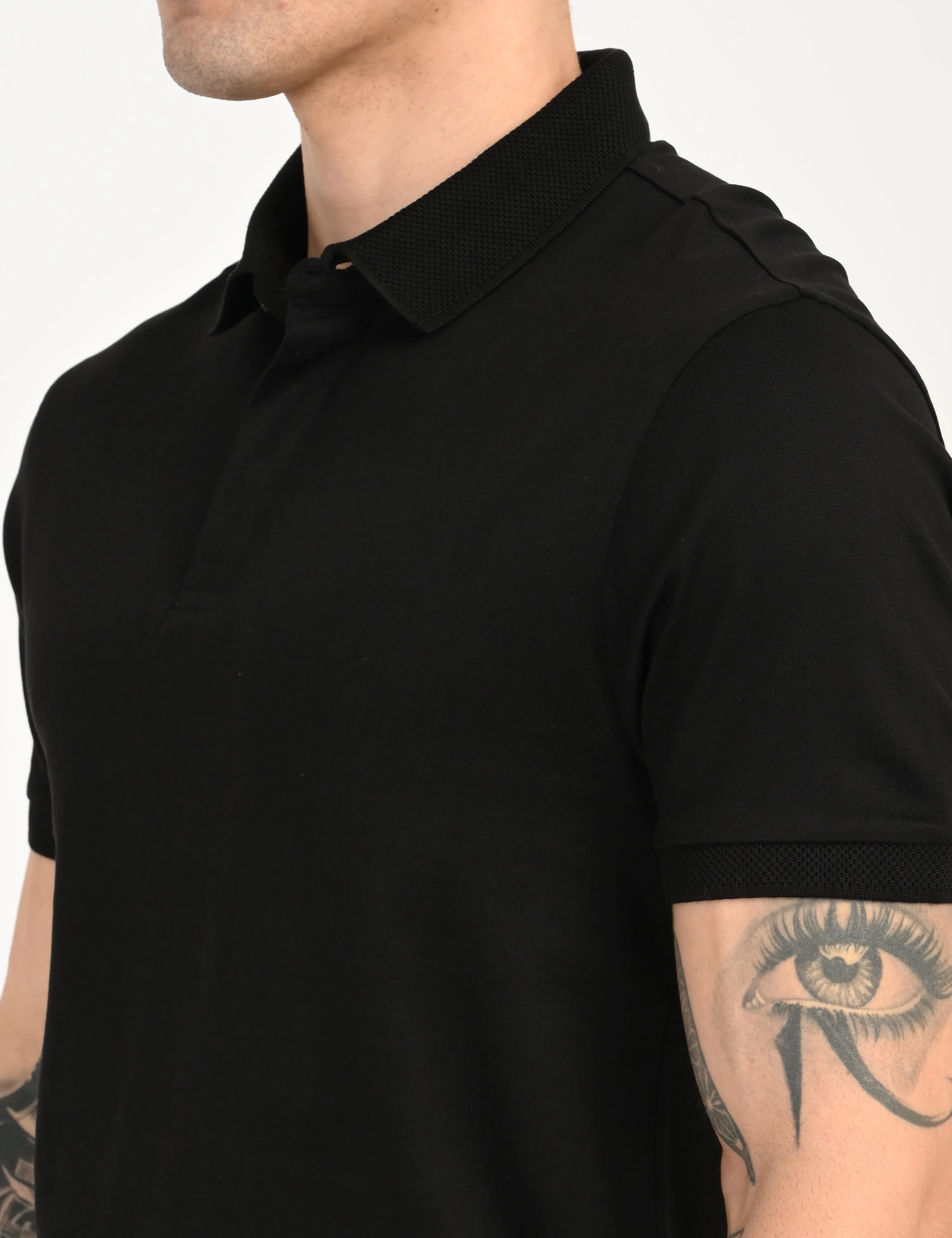 Men's Redloop Solid Black Slim Fit Polo T-shirt Travel Essential NonChafing Seam Placement