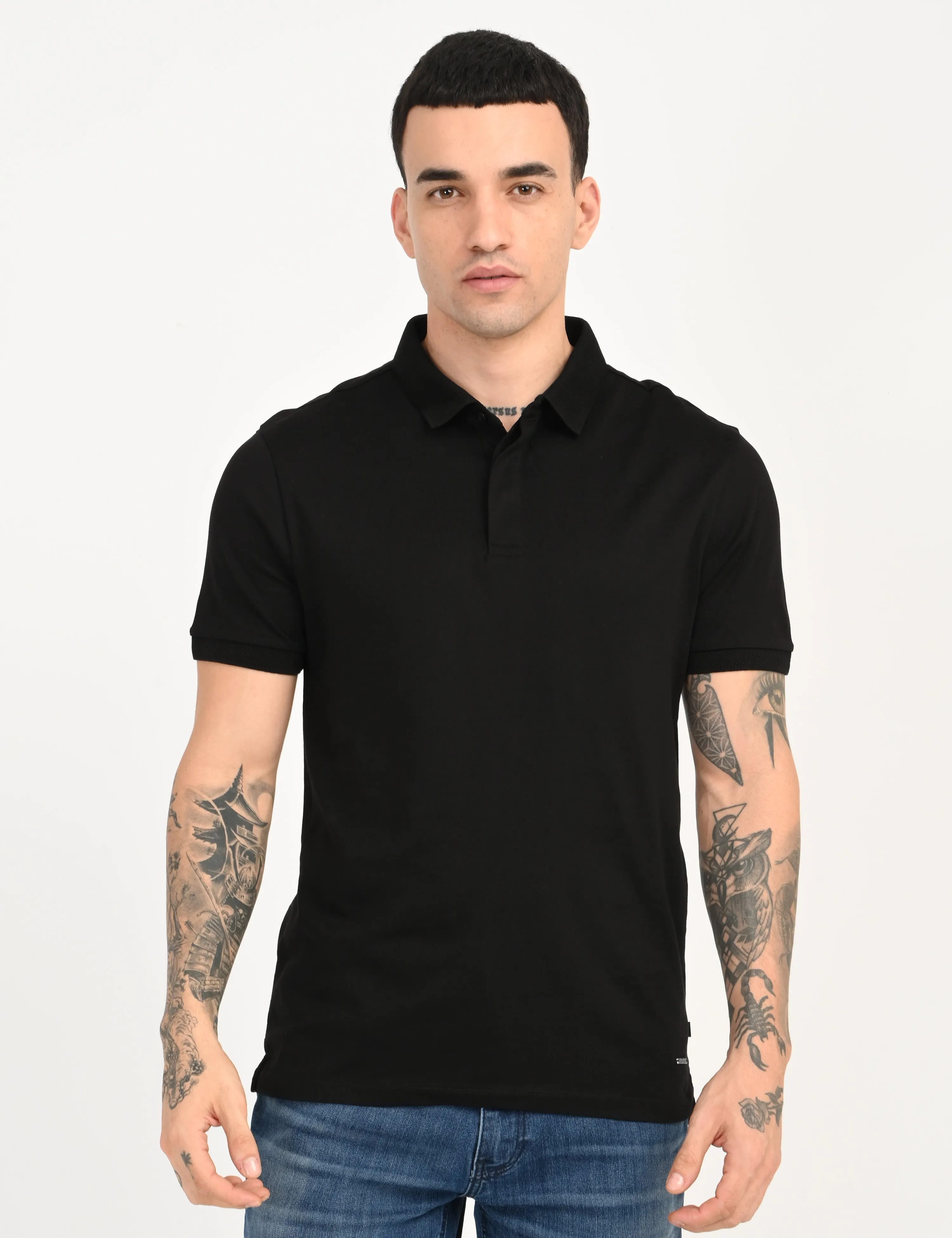 Men's Redloop Solid Black Slim Fit Polo T-shirt MoistureWicking Fabric Tagless Design