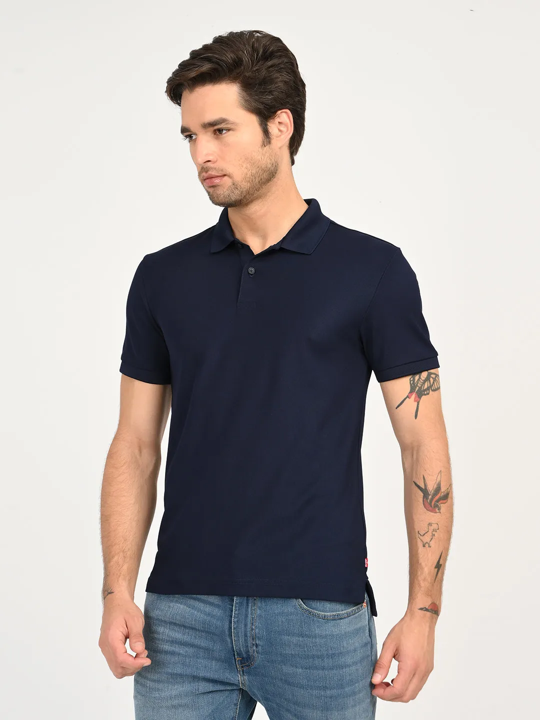 Men's Solid Navy Blue Polo T-Shirt Bound Edge Detailing Golf Apparel