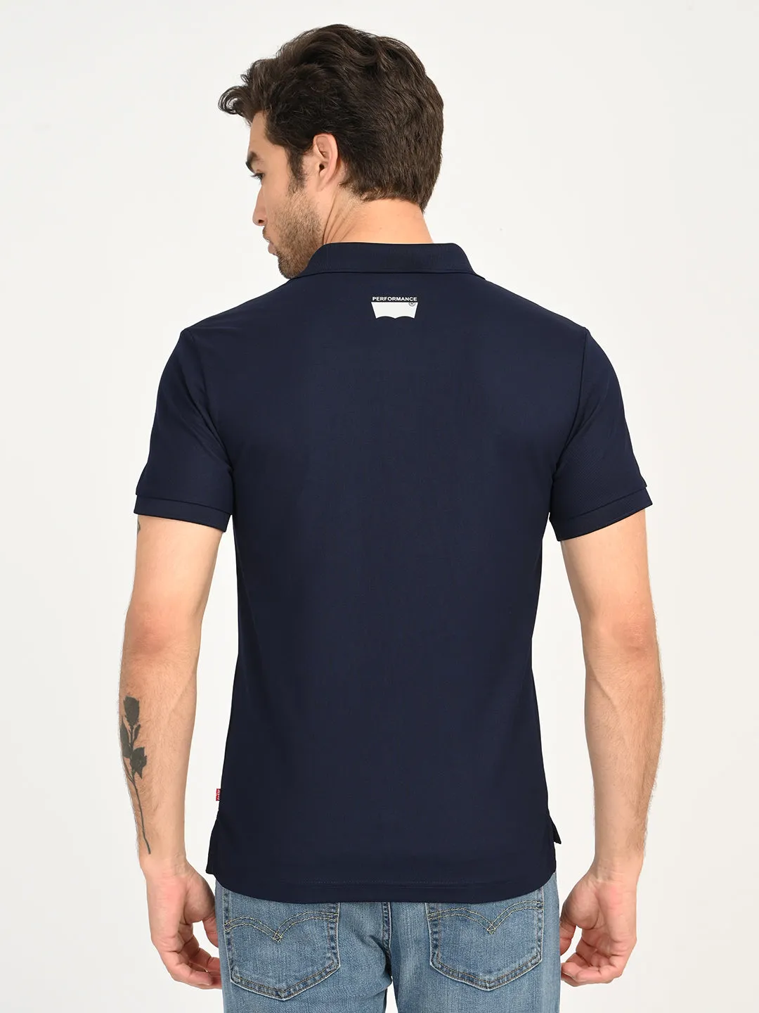 Men's Solid Navy Blue Polo T-Shirt Durable Ribbed Cuffs
