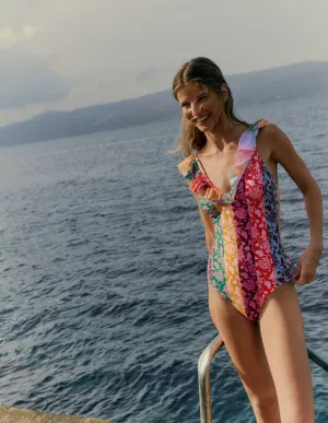 Evia Ruffle Swimsuit-Multi, Ornate Vine Hotch Minimalist Design