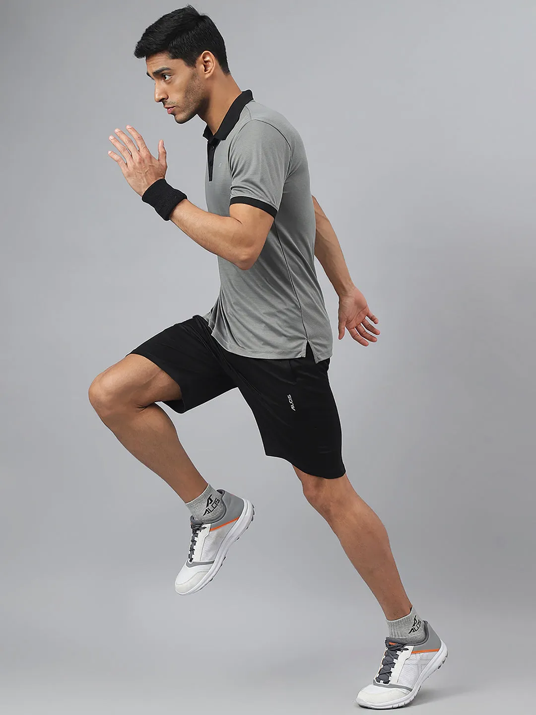 Alcis Men Dark Grey Drytech  Anti-Static Slim-Fit Running Polo T-Shirt Smooth Flatlock Seams High-End Look