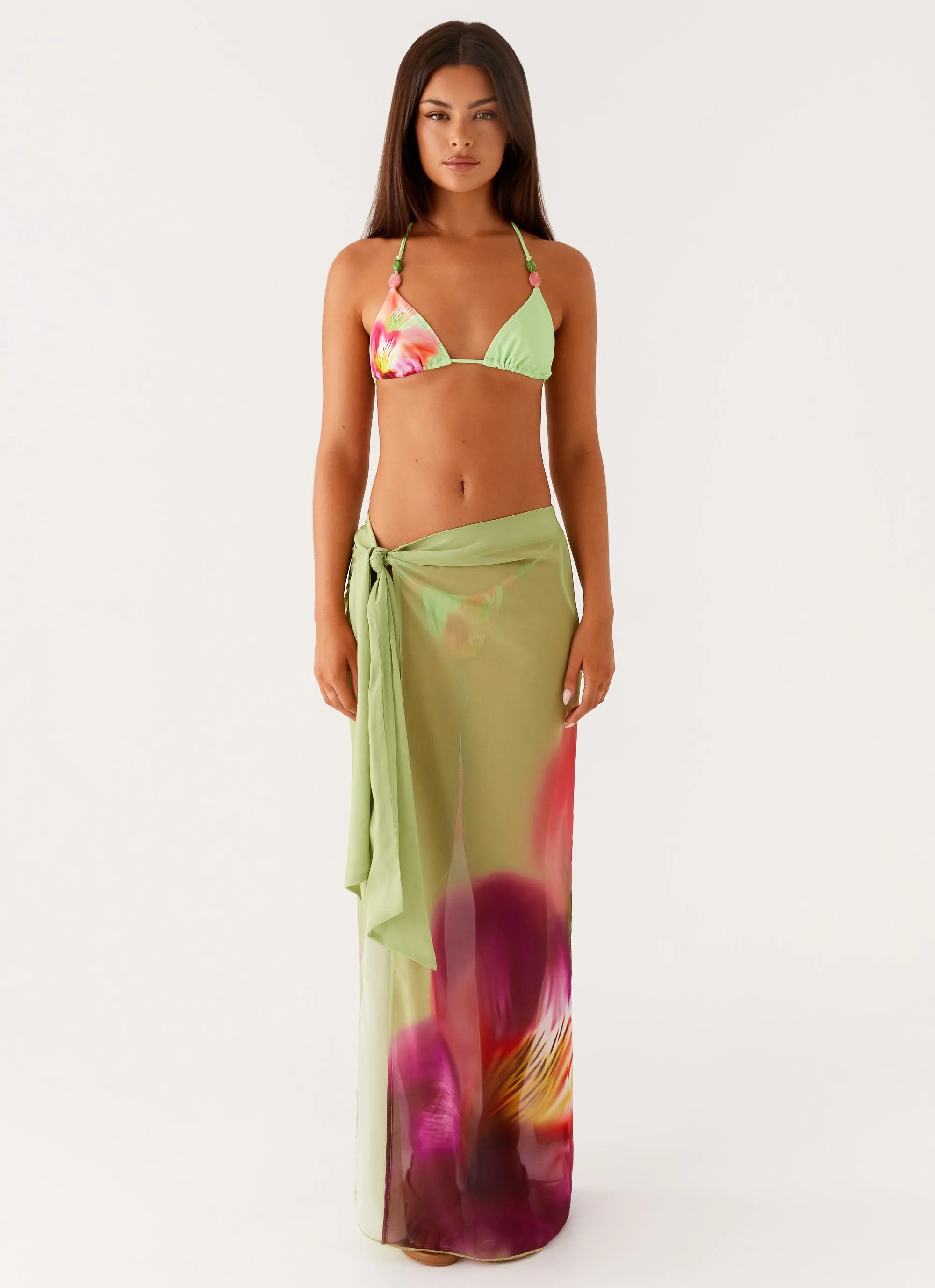 Anti Sag Waistband Low Tide Sarong Maxi Skirt - Green Tropical