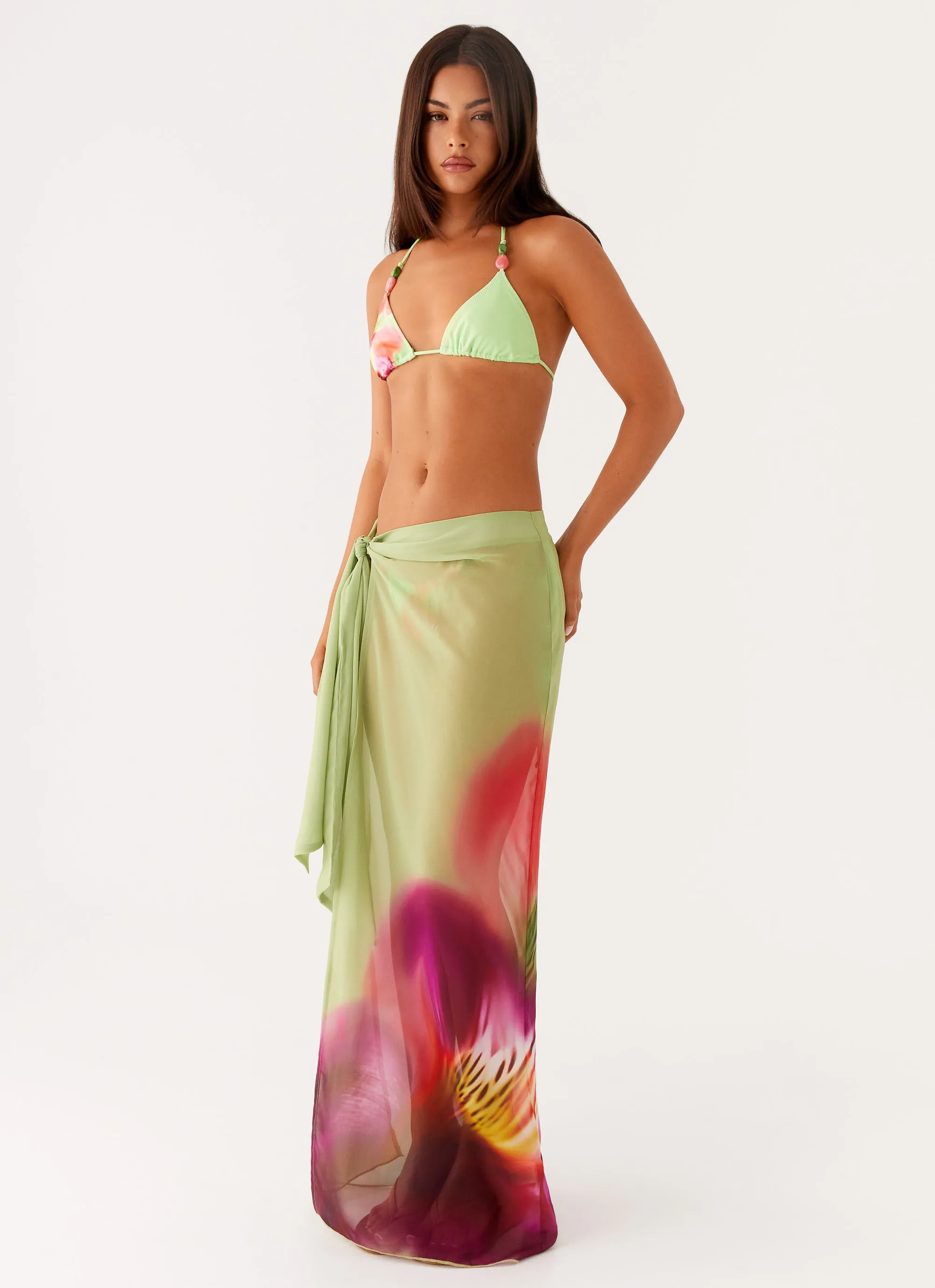 Breezy-Feel Low Tide Sarong Maxi Skirt - Green Tropical