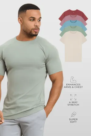 5 Pack Athletic Fit Crew Neck T-Shirt in Faded Terracotta/ Dusty Lilac/ Blue/ Sage/ Sand Distressed Hem Finish
