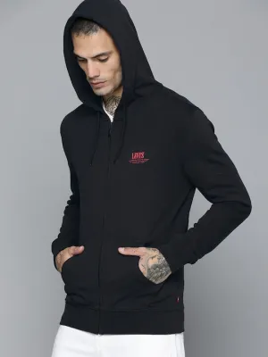 camping outfit Flatlock Seam Finish Men's Solid Black Hooded Sweatshirt