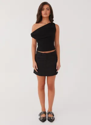 Marissa Linen Mini Skirt - Black Dropped-Waist
