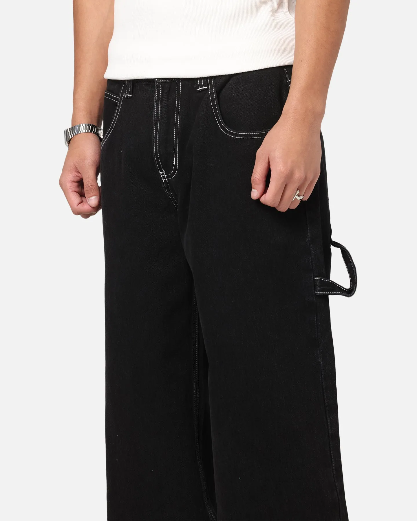 Parent Style Trendy Breathable Sleek Option Saint Morta Amplus Fray Carpenter Jeans Contrast Black