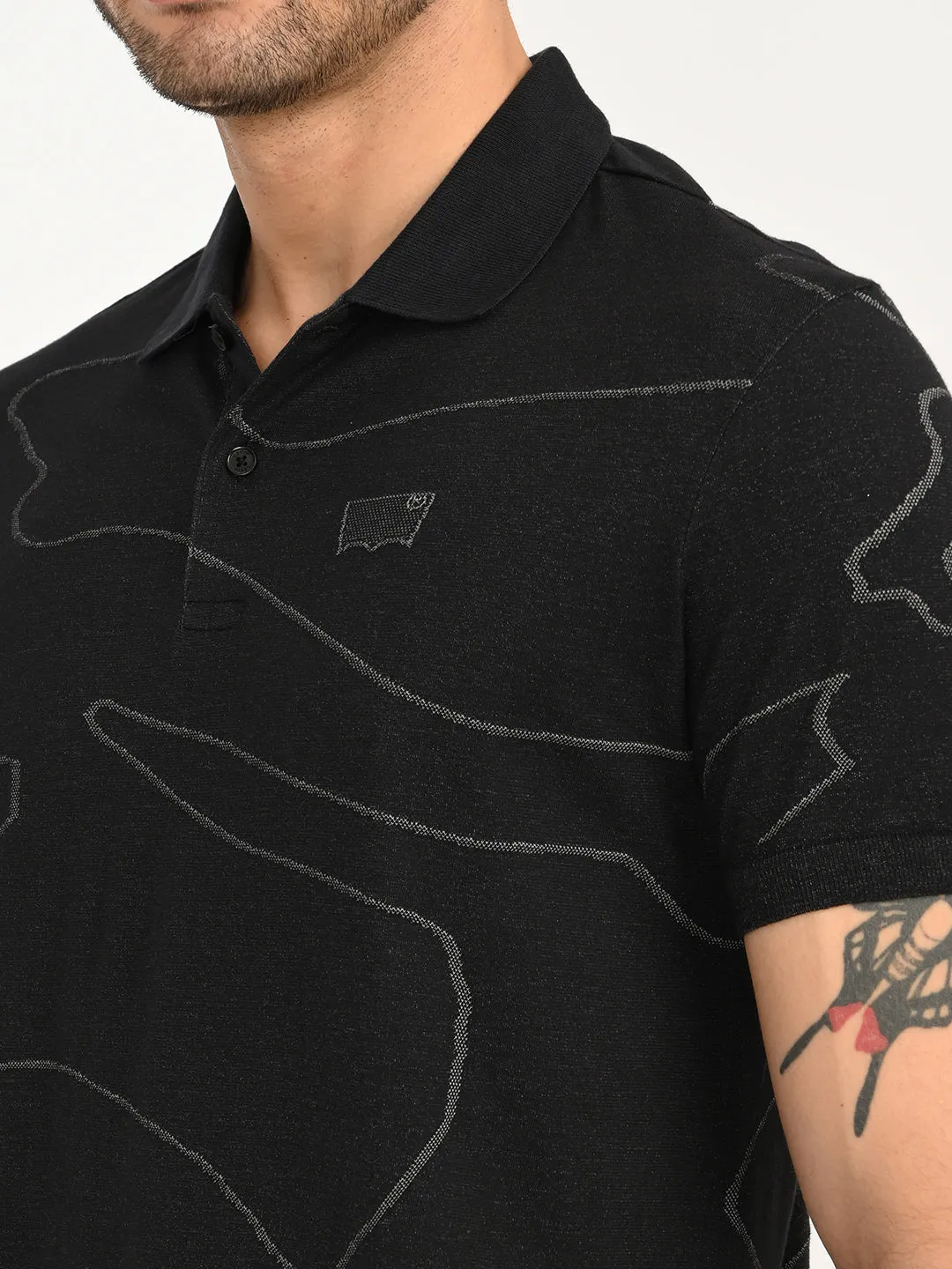 Flexible Ribbed Collar Men's Abstract Black Slim Fit Polo T-Shirt