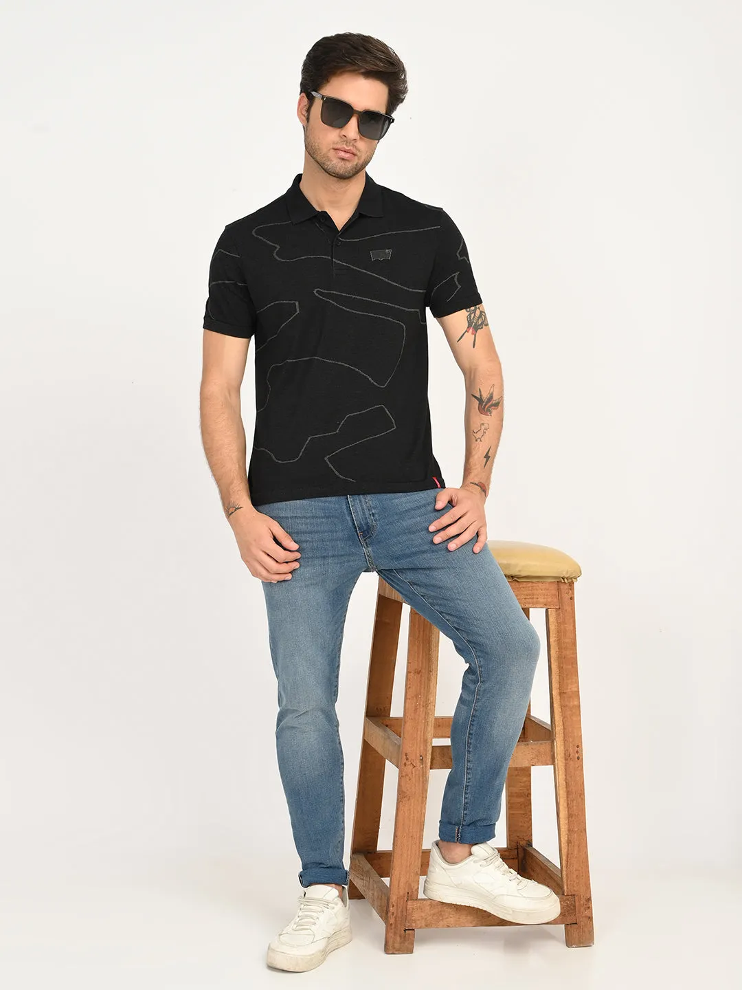 Men's Abstract Black Slim Fit Polo T-Shirt Colorfast Technology Sun Protection UPF 50