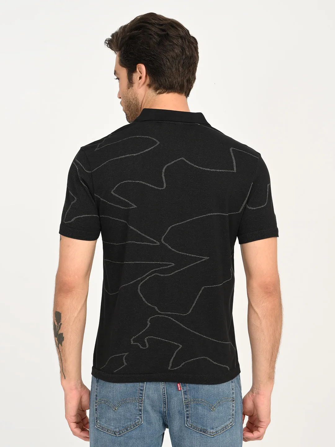 Reinforced Collar Stay Breathable fabric Men's Abstract Black Slim Fit Polo T-Shirt
