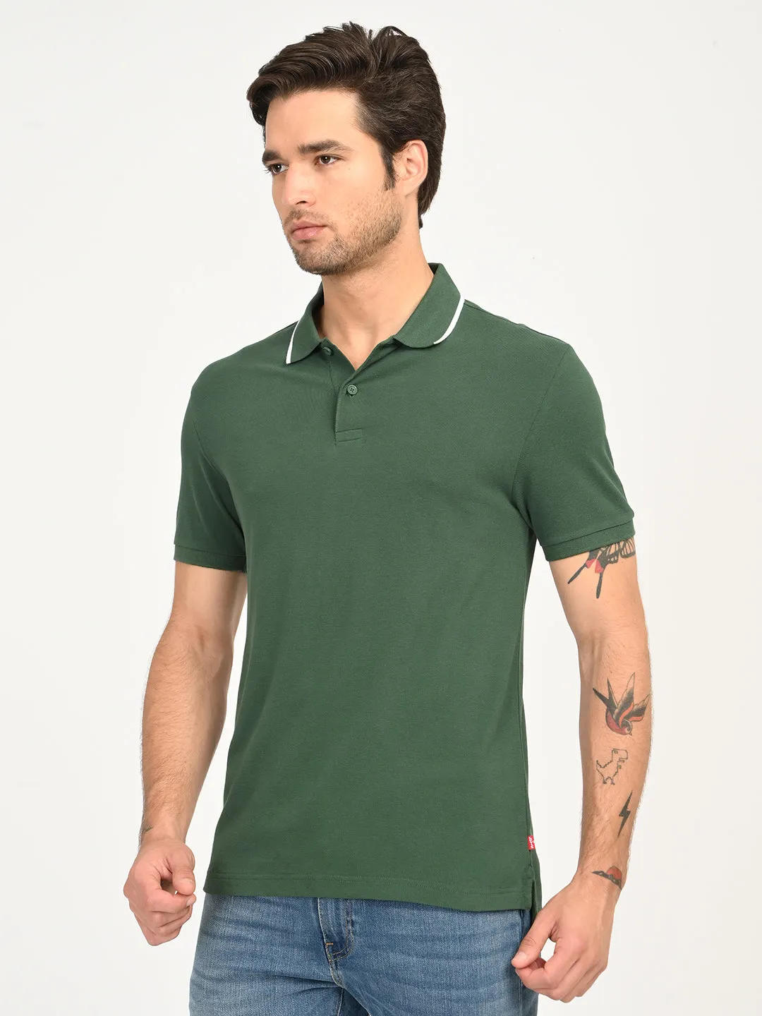 Men's Solid Dark Green Polo T-Shirt Flatlock stitching