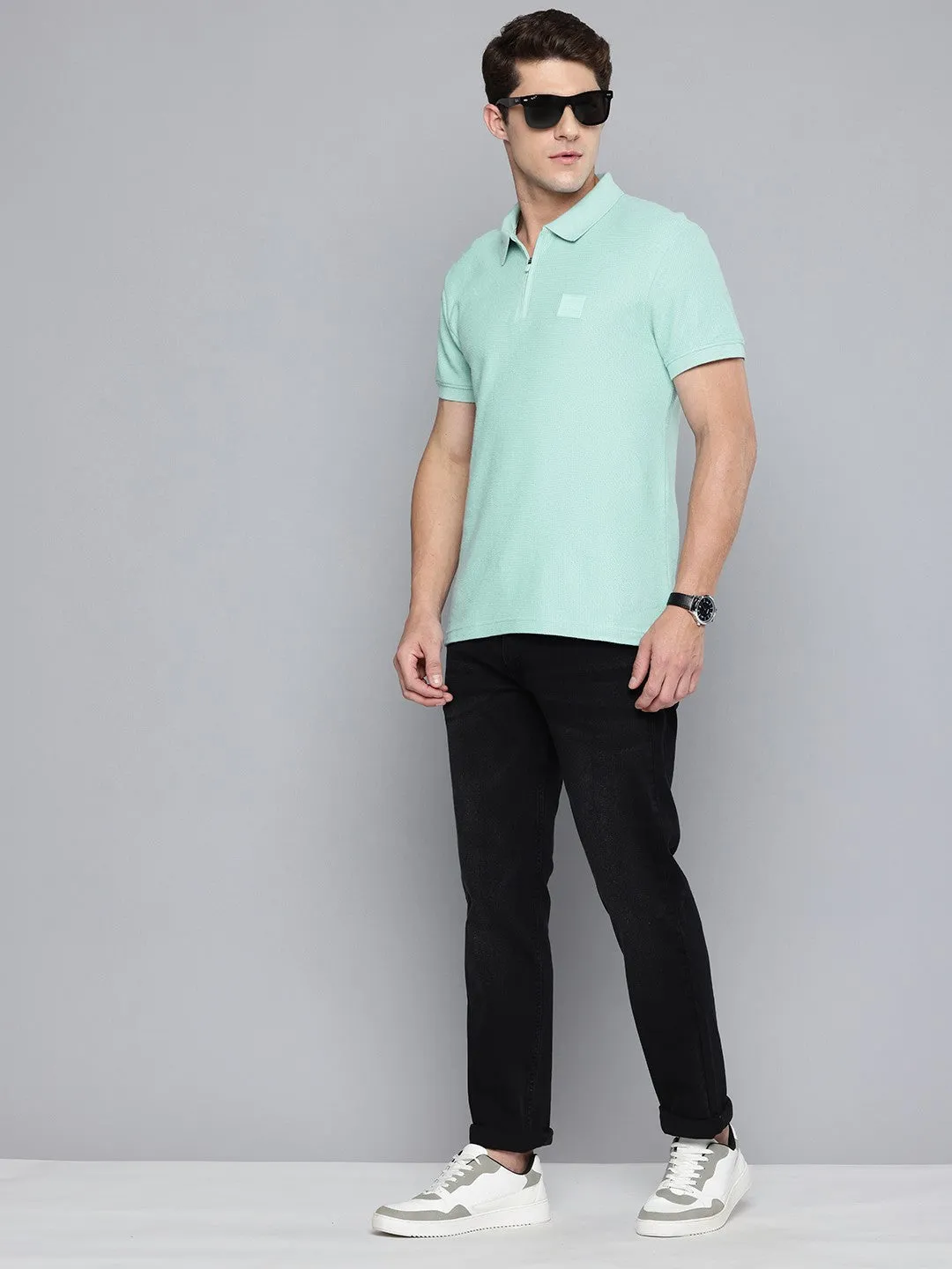 Men's Textured Slim Fit Polo T-Shirt Herringbone Texture Unstructured Silhouette