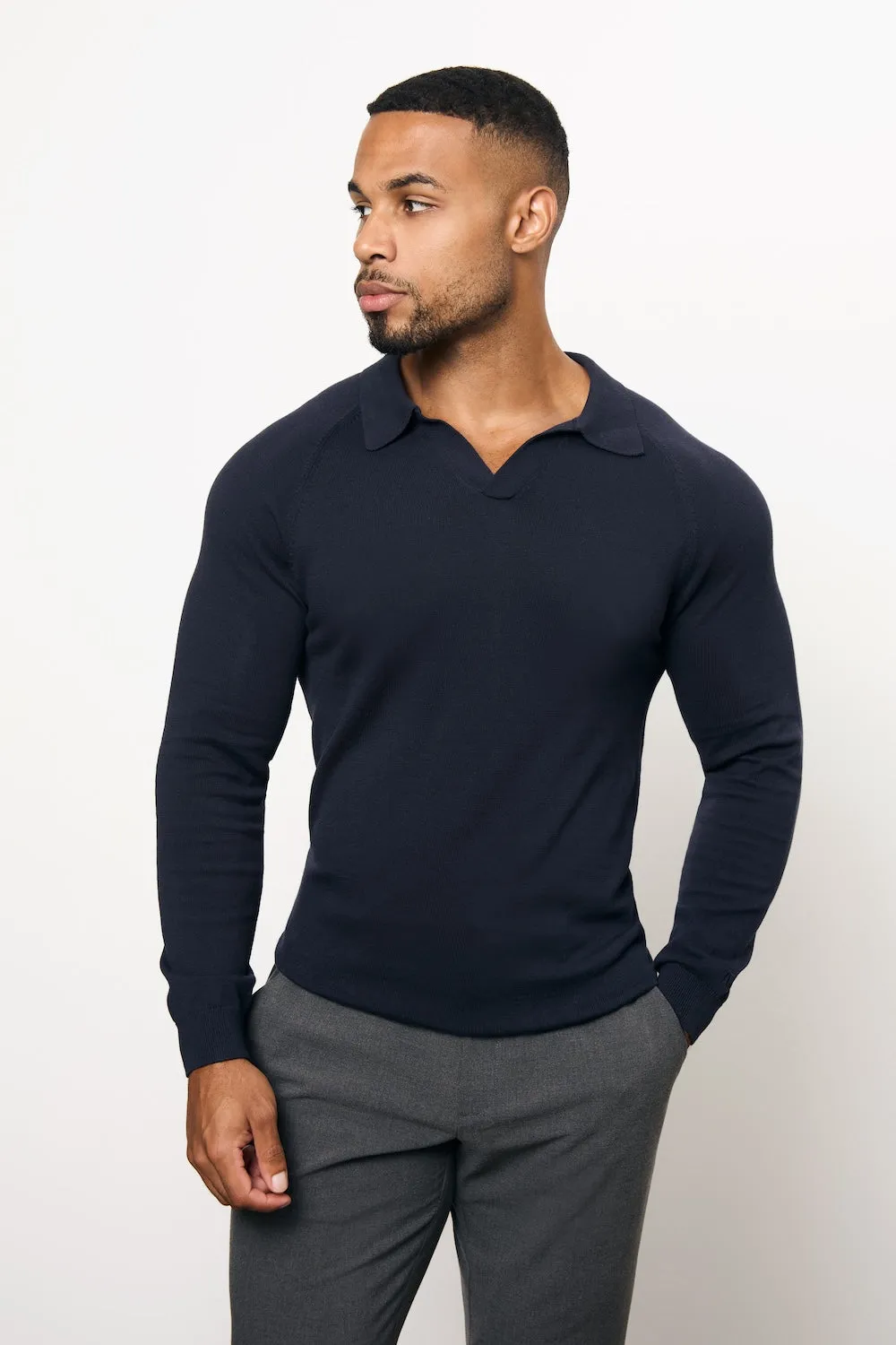 Pure Cotton Knitted Open Collar Polo Shirt in Navy Layered Look