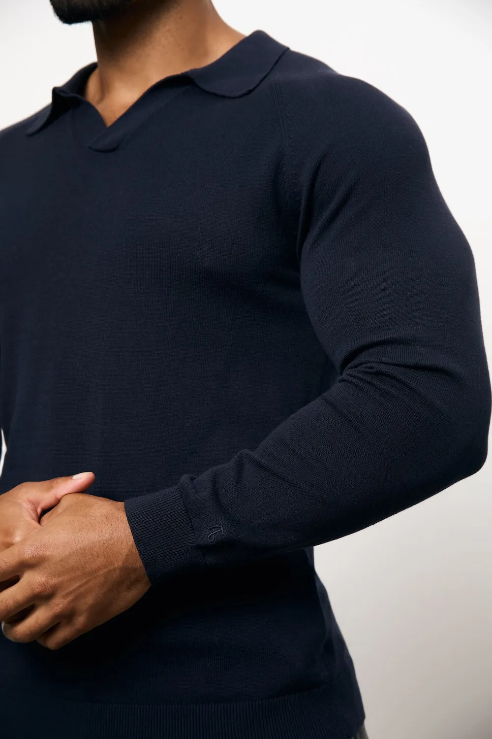 Comfort Fit Pure Cotton Knitted Open Collar Polo Shirt in Navy