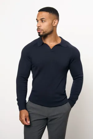 Pure Cotton Knitted Open Collar Polo Shirt in Navy Layered Look