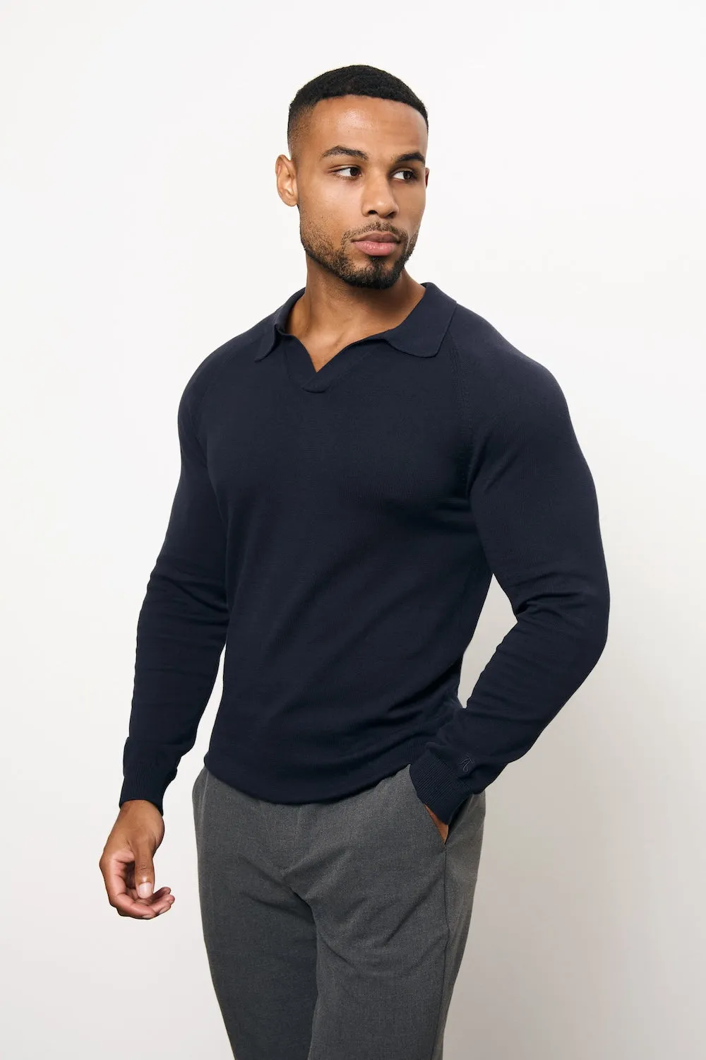Stylish Collar Sporty Elegance Pure Cotton Knitted Open Collar Polo Shirt in Navy