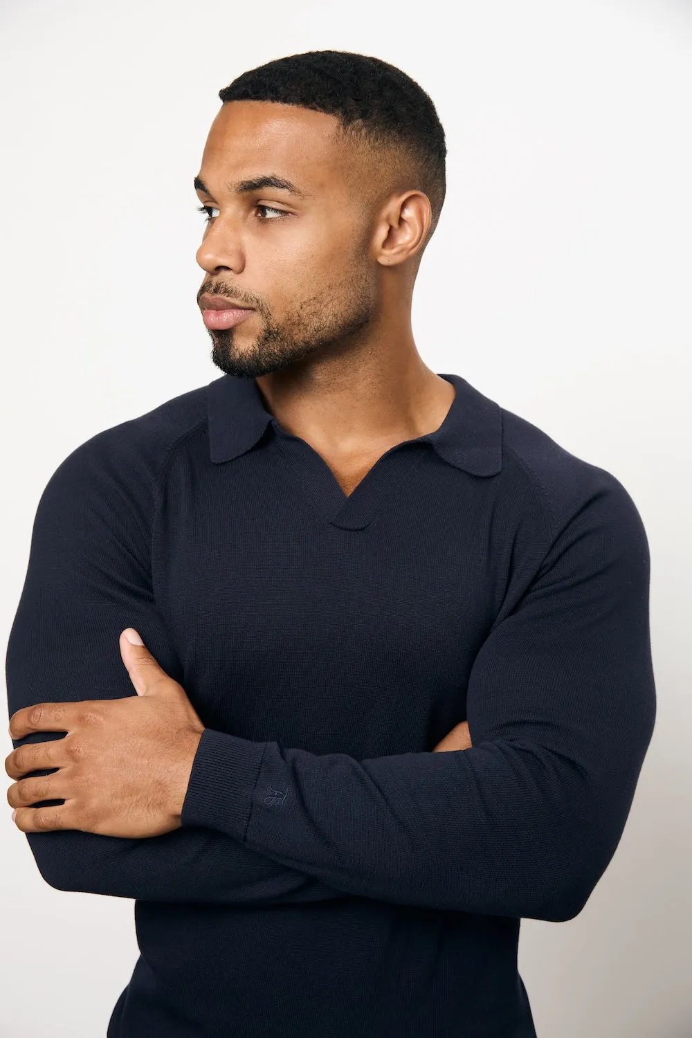 Breathable Jersey Stretch Comfort Pure Cotton Knitted Open Collar Polo Shirt in Navy