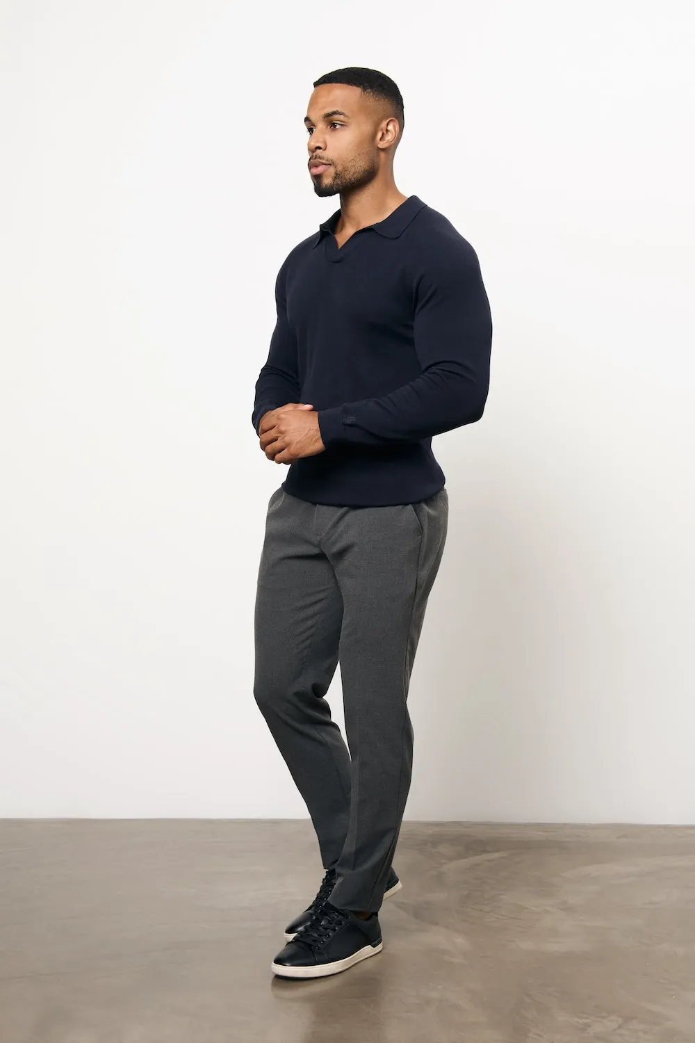 Pure Cotton Knitted Open Collar Polo Shirt in Navy FadeResistant Dye Flexible Collar Band