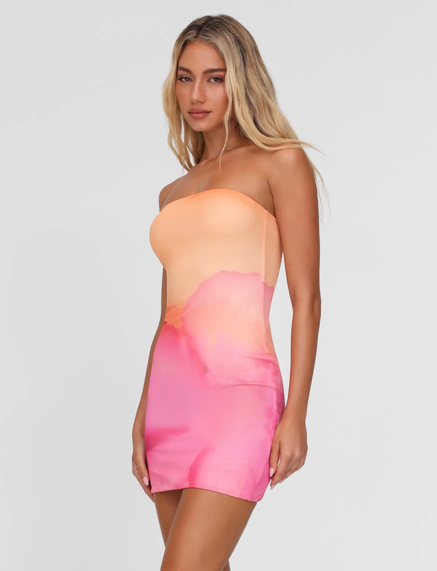 CHER MINI DRESS - PINK : MACRO FLORAL : PINK HIBISCUS Light Cloud