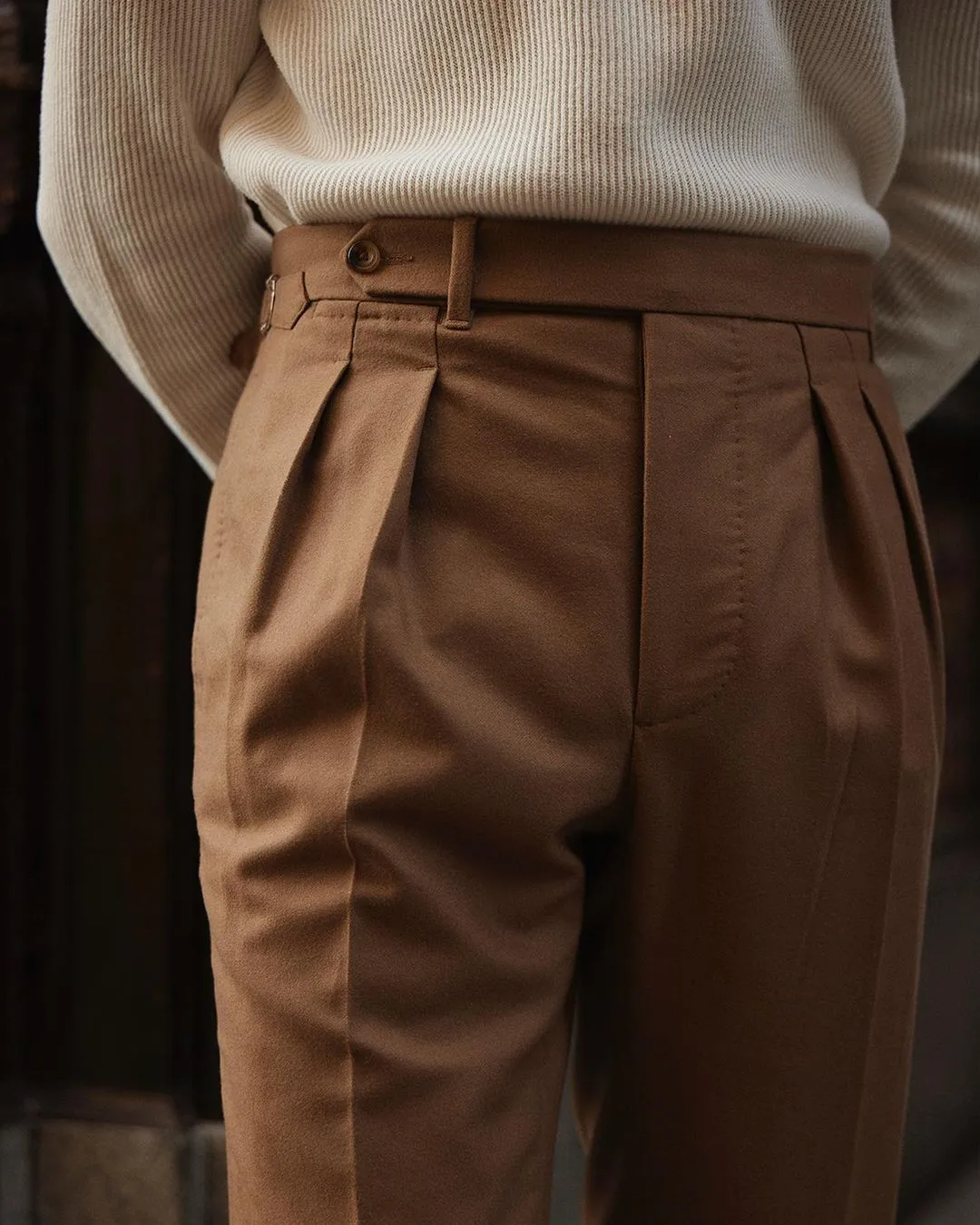 Functional Style VBC: Sand Woolen Flannel High Rise Pant