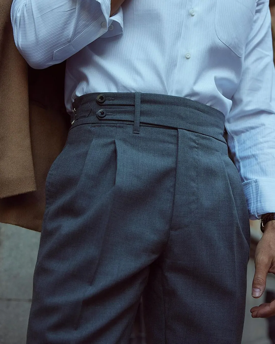 MultiPocketSystem Corduroy texture Dugdale New Fine Worsted - Grey High Rise Double Tab Pant