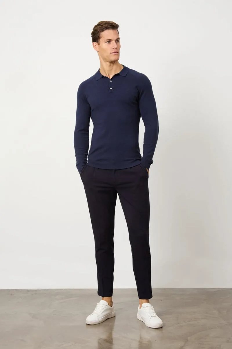 Knitted Polo Shirt in Denim FourButton Placket