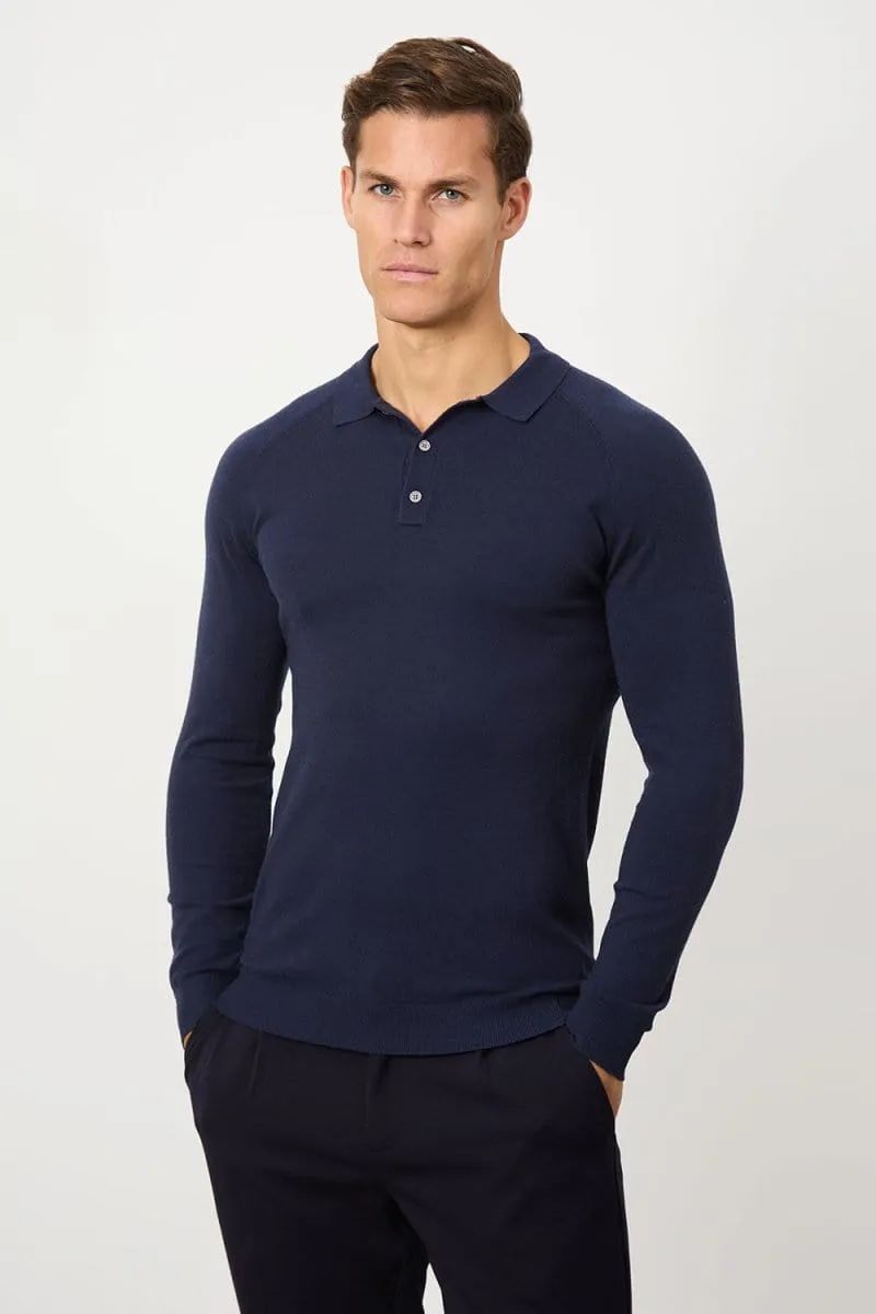 Herringbone Texture Clubhouse Ready Knitted Polo Shirt in Denim