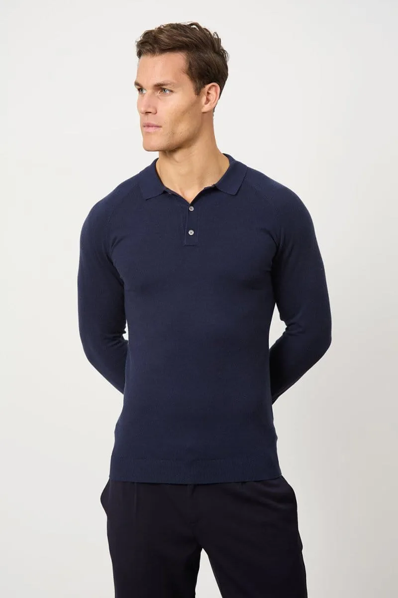 Breathable Underarm Vents Eco Friendly Dye Knitted Polo Shirt in Denim