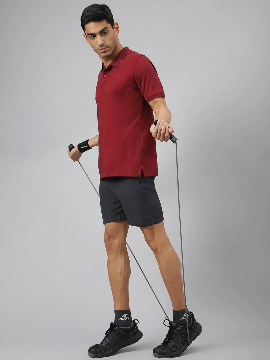 Alcis Men Maroon & Black Anti-Static Slim-Fit Metro Athleisure Polo T-Shirt FourWay Stretch Fabric Microfiber Textile