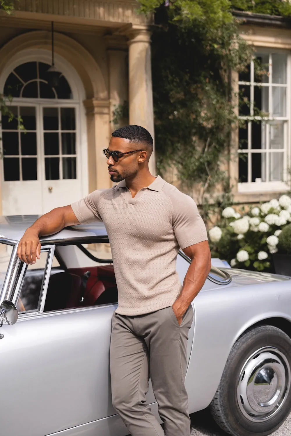 AntiFade Technology Breathable Weave Fine Cable Knitted Polo Shirt in Stone