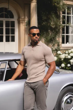 Fine Cable Knitted Polo Shirt in Stone Casual Elegance Tri Blend Composition