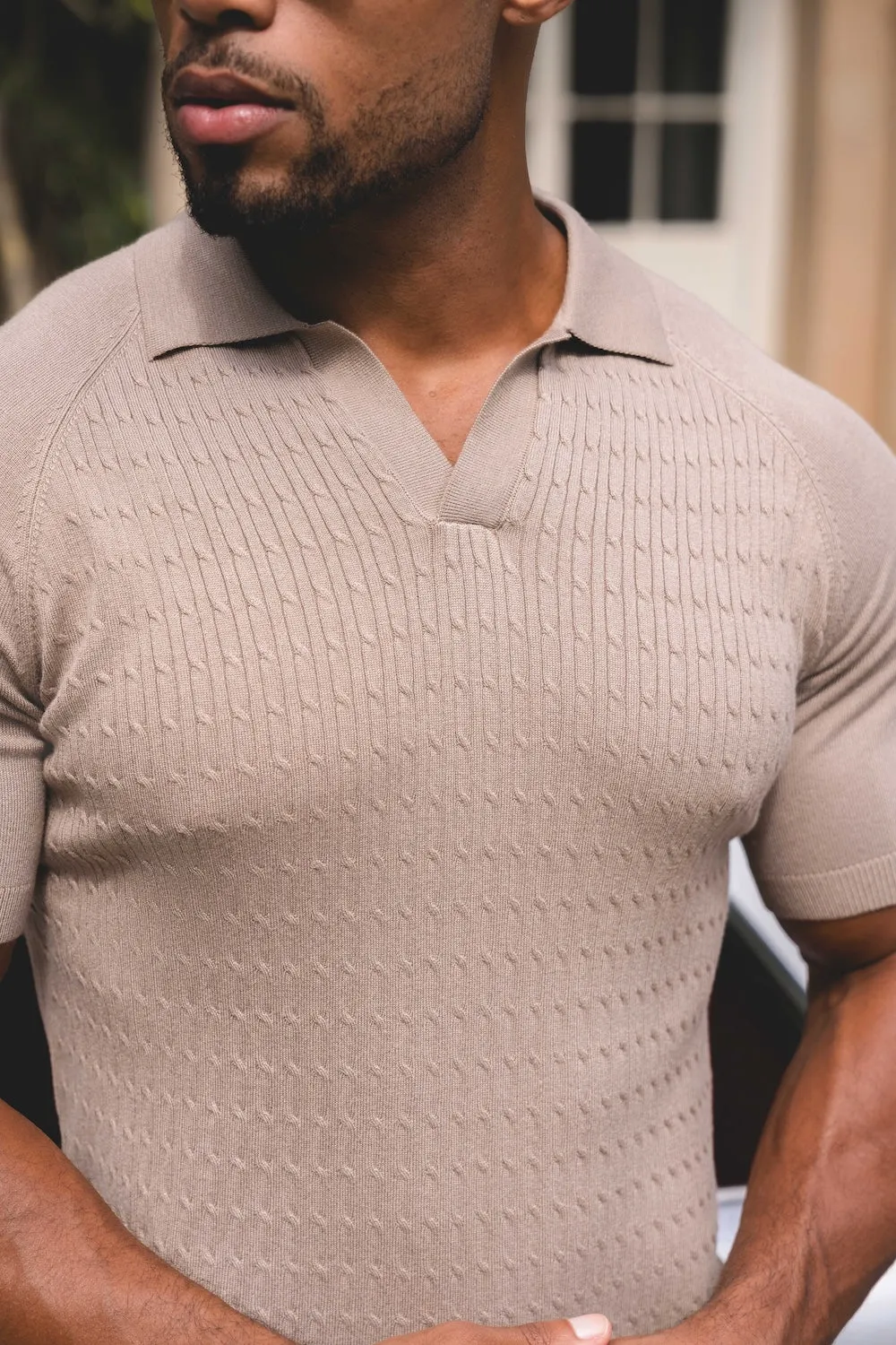 Fine Cable Knitted Polo Shirt in Stone Layered Look