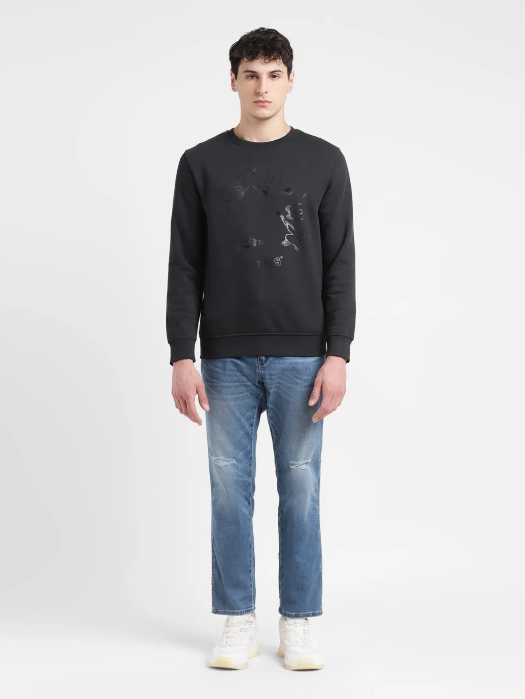 Coffee Date Y2K Style Men's Solid Black Crew Neck Sweatshirt