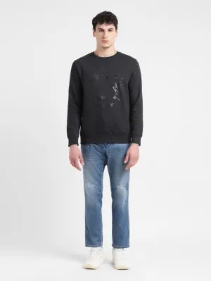 Men's Solid Black Crew Neck Sweatshirt Compact Ribbed Cuffs
